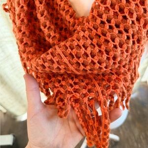 Handmade Open-Weave Orange Fringe Scarf
